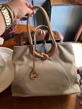 Michael Kors Beige Canvas Shoulder Tote with Tan Leather Trim